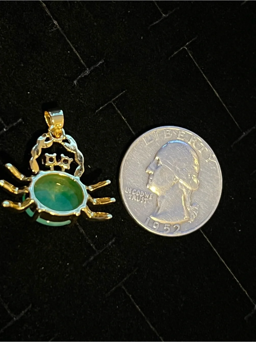 Gold toned Crab Pendant Necklace with Green Jade Stone Clear Quartz